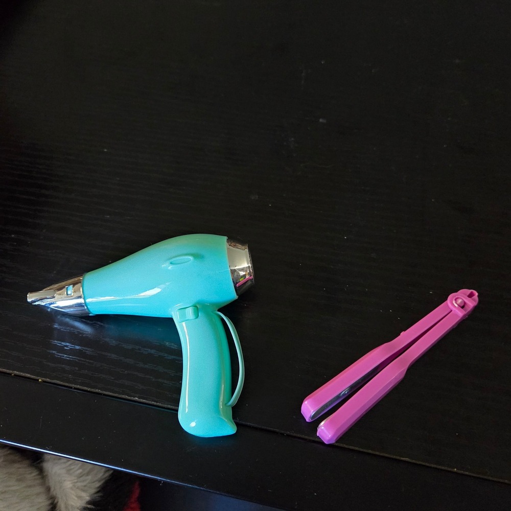 Doll Kids Toy Hair Dryer and Straightener Set Teal Pink Pretend Play Accessory‎